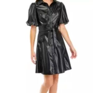 Maison Tara NWOT Luggage Black Faux Leather Jacket Dress With Belt